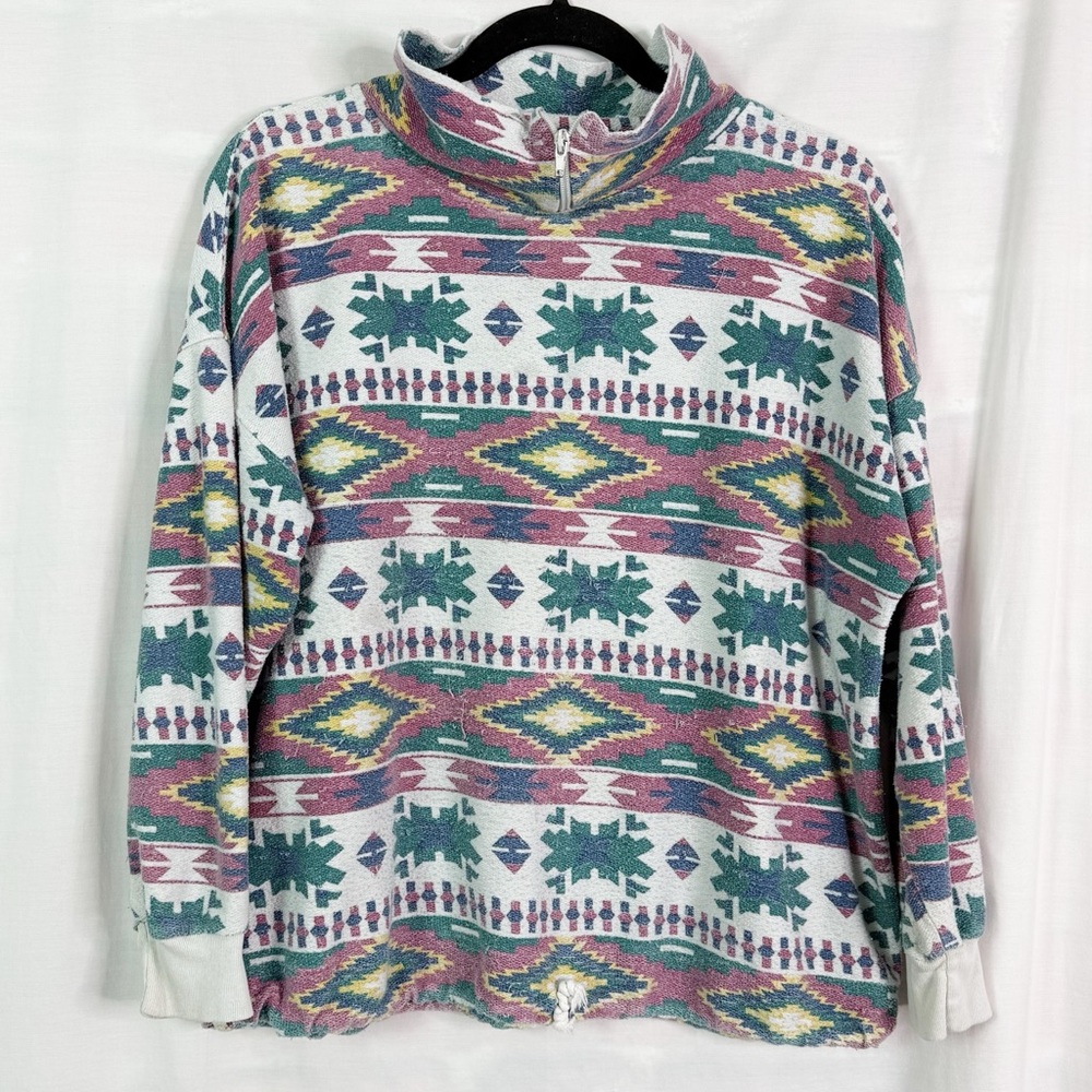 Jeans Wear Vintage 80s Aztec Southwest Qrtr Zip Top Lg
